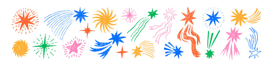 Childish style of meteoroid, comet and asteroid drawn with a crayon. Hand drawn sketch style colorful stars with tails. © Anastasiia Hevko