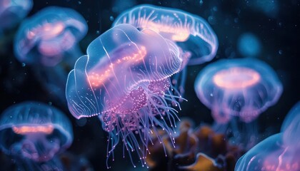 Fototapeta premium Underwater creatures in bioluminescent displays, magical and glowing, Nature, Cool tones, Photograph, Oceanic wonder