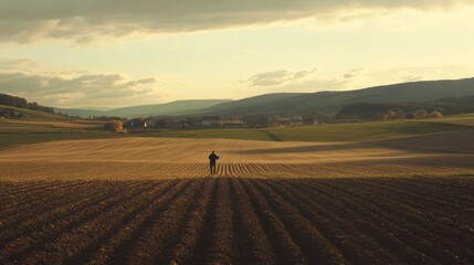 Fototapeta premium A lone figure stands in a vast agricultural landscape during sunset.