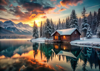 Fototapeta premium serene cabin in snow reflects beautifully on tranquil lake at sunset, surrounded by majestic mountains and tall evergreen trees. vibrant colors of sky create peaceful atmosphere