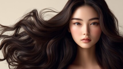 Naklejka premium An elegant woman with thick and natural deep brown wavy hair, facing forward with a confident expression. The luxurious smooth texture and soft wave feel are perfect for high-end hair dye packaging.
