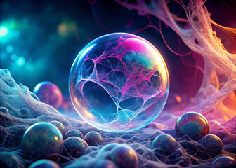colorful bubble surrounded by vibrant orbs and ethereal strands creates mesmerizing scene. interplay of light and color evokes sense of wonder and imagination