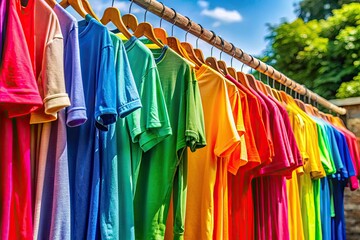 Fototapeta premium A vivid selection of summer T-shirts arranged in an eye-catching array, perfect for warm weather fashion statements and bringing energy to your summer wardrobe.