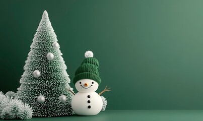 Merry Christmas postcard.  Cute Snowman With Green Hat Surrounded By Festive Decorations 3D rendering . 3D illustration. 3D render Christmas and New year concept. Greeting card, Xmas background.