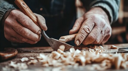 A craftsman carves wood, shaping it with precision, surrounded by shavings and tools.