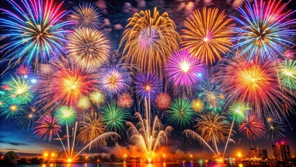 Vibrant fireworks lit up the night sky on New Year's Eve, capturing the essence of celebration and joy as colorful explosions of light shimmer and sparkle.