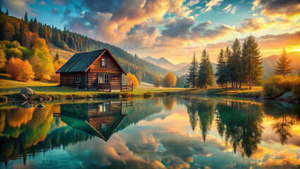 Fototapeta premium serene cabin is beautifully reflected in calm water, surrounded by vibrant autumn trees and majestic mountains. sunset casts warm glow, enhancing tranquil atmosphere