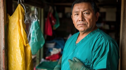 Fototapeta premium A healthcare worker in a green uniform stands in a cluttered workspace, ready for duty.