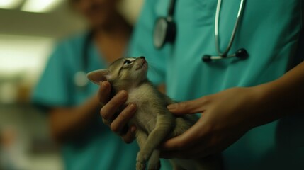 A veterinarian holds a kitten, demonstrating care and compassion in a medical setting.