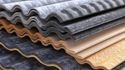 Roofing tiles and insulation materials piled together, with room for text