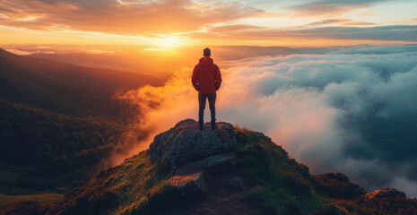 Man standing on top of cliff at sunset