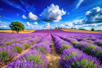 Fototapeta premium Beneath a clear blue sky, vivid lavender fields flourish, cultivating an atmosphere of serenity and calm that soothes the soul and invites relaxation for onlookers.