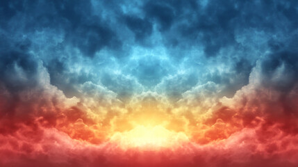 Fototapeta premium A dramatic sky with vibrant blue, yellow, and red clouds.