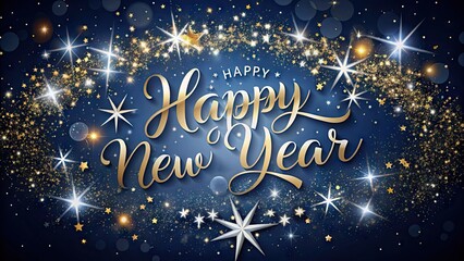 Vibrant gold and silver confetti bursts against a dark blue background, surrounded by glittering stars and bold, cursive "Happy New Year" text in shimmering white.