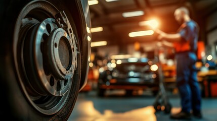 A mechanic works on a car in a workshop, focusing on a wheel in the foreground.