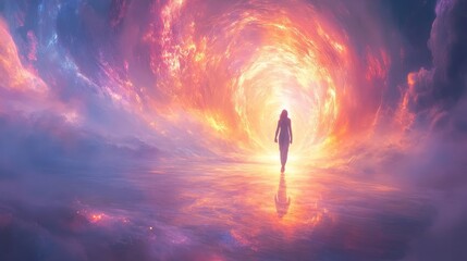 A person walking through the shining gate of light symbolizes personal transformation and abandonment of old beliefs. The scene captures a profound moment of change, bidding farewell to the past self.