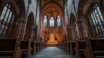 Obraz premium The interior of a church with wooden pews, stained glass windows, and an altar at the end of the aisle.