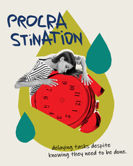 Contemporary art collage. Woman slumped over giant red clock, symbolizing delaying tasks despite...