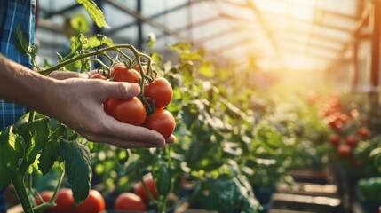 A hand holding ripe tomatoes in a greenhouse, showcasing agricultural growth and freshness.
