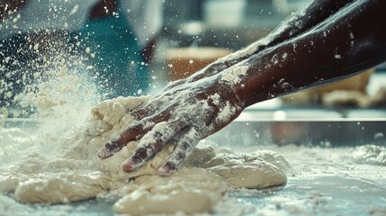A close-up of hands kneading dough on a floured surface in a kitchen setting.