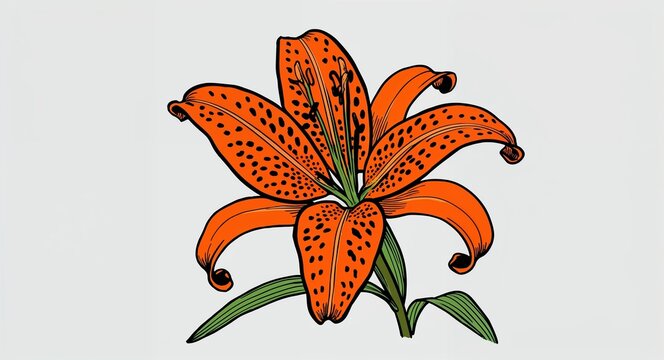 Hand drawing clipart of an orange tiger lily with spotted petals on plain white background