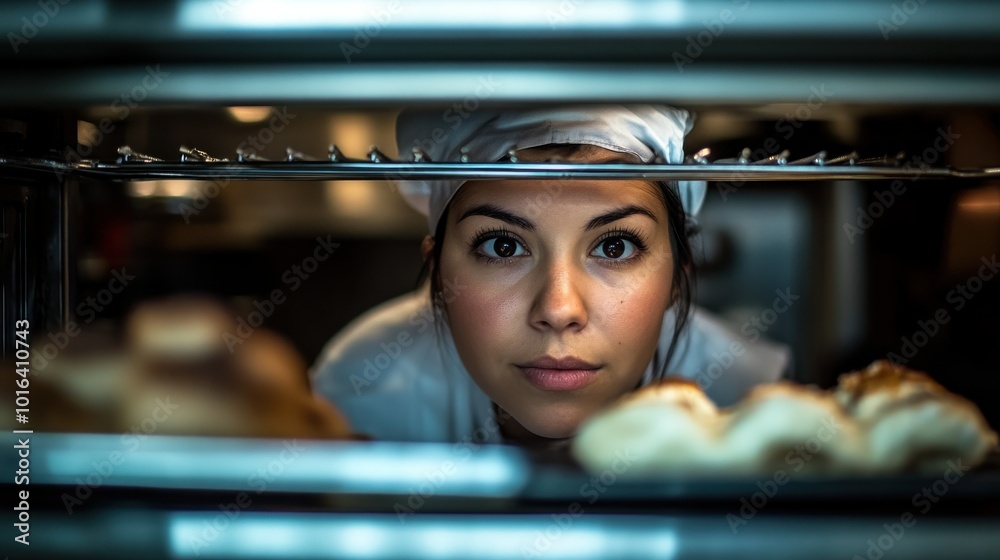 Sticker A chef gazes intently at baked goods in an oven, showcasing culinary artistry.