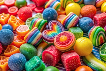 Fototapeta premium Brightly colored candies in fun shapes and sizes create a joyful scene, perfect for satisfying your cravings and adding delight to any sweet celebration.