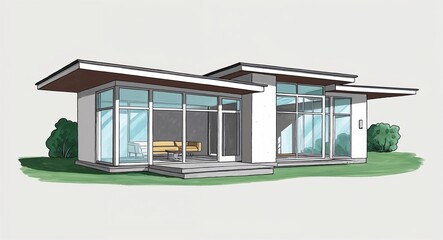 Hand drawing clipart of a Bauhaus inspired house with flat roof and glass walls on plain white background