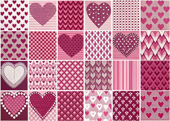 Colorful patterns of pink hearts in various designs create vibrant and romantic atmosphere. These heart motifs are perfect for expressing love and affection