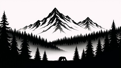 Black mountain  forest silhouettes in a camping panoramic landscape illustrated as an iconic logo isolated against a clean white backdrop