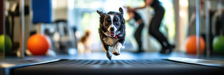 A dog joyfully running on a treadmill in a fitness setting, with people exercising in the background.