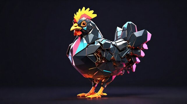 Low poly of robot amrock chicken neon theme floating in metaverse 3d black background. generative ai.