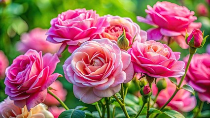 Charming close-up views of fresh pink roses fully blooming, contrasted with a soothing green background, highlight nature's artistry and the vibrant, lush beauty of floral elegance.