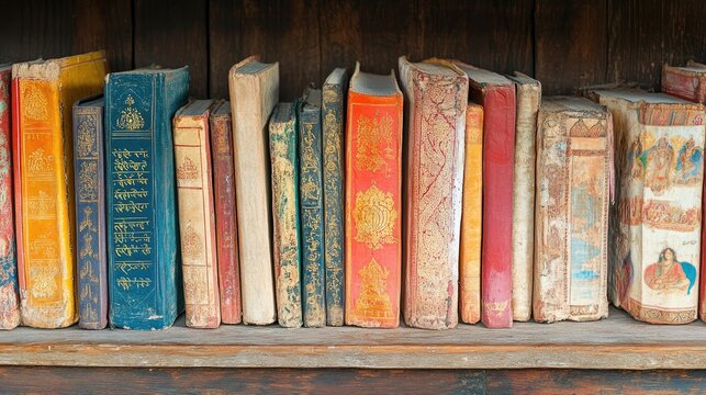 Rows of South Asian religious texts on a rustic wooden shelf, copy space to the right