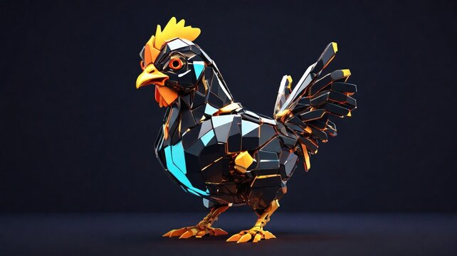 Low poly of robot amrock chicken neon theme floating in metaverse 3d black background. generative ai.