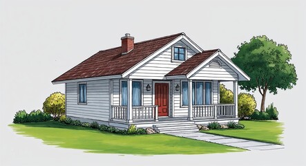 Obraz premium Hand drawing clipart of a bungalow house on plain white background