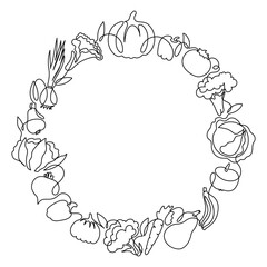 Vegetables doodle circle border frame. Continuous line drawing. Pumpkin, onion, broccoli, zucchini, lettuce, cauliflower, tomato, pepper, cabbage, carrot, potato, apple, fruits.
