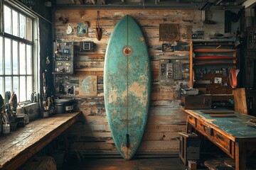 Naklejka premium A weathered surfboard leans against a rustic wooden wall, a testament to a life spent catching waves.