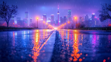 Obraz premium Rain-soaked city street reflecting vibrant lights against a stunning city skyline at night.