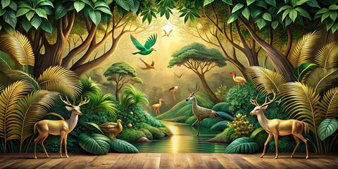 Fototapeta premium Vibrant Jungle Scene with 3D Trees and Colorful Birds in Golden Forest Background