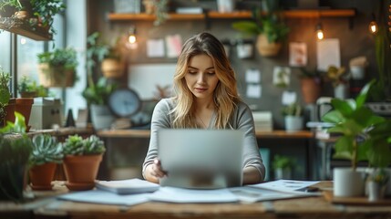 Young Woman Working on Laptop in Cozy Workspace