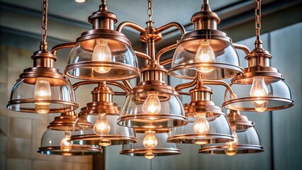 Aerial multi tiered copper ceiling light fixture with glass shades