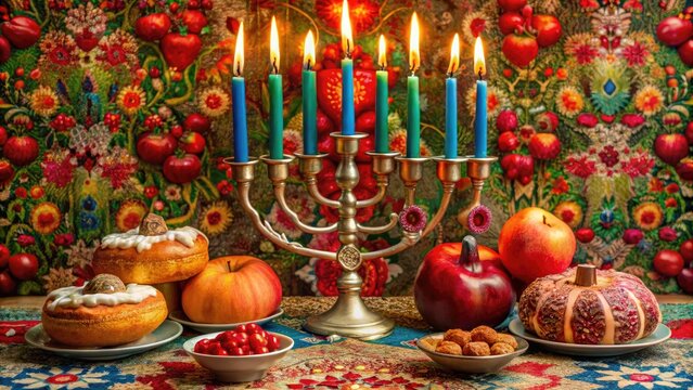 Vibrant menorah with lit candles, pomegranates, and apples on a decorative tablecloth, surrounded by festive Hebrew New Year cards and sweet treats, symbolizing joy and celebration.