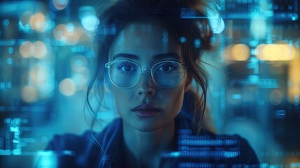 Fototapeta premium Focused Woman in Glasses with Digital Background