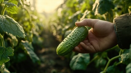 A hand holds a cucumber in a lush green field during golden hour.