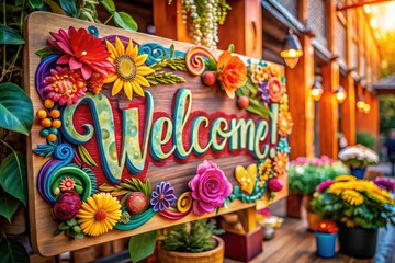 Introducing a charming welcome sign, hand-lettered with decorative details and vibrant warm colors, perfect for enhancing your home or event decor with a personal touch.