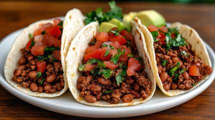 Three delicious tacos filled with seasoned ground meat, pinto beans, diced tomatoes, cilantro, and avocado.