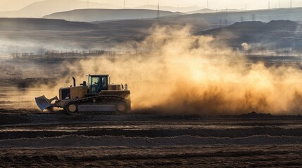 Fototapeta premium A bulldozer operates on a dusty construction site, creating clouds of dust in the air.