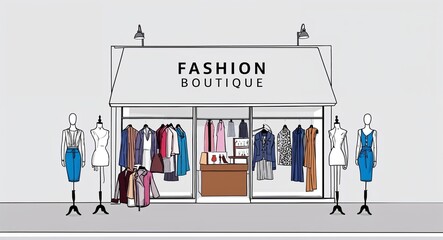Hand drawing clipart of a fashion boutique with mannequins and clothing on plain white background