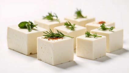 White-background image shows falling Greek feta cubes seasoned with herbs and spices